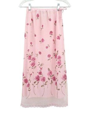Girls Co Y2K Pink Floral Mesh Midi Skirt Lace Hem Size Large Cottagecore Twee
